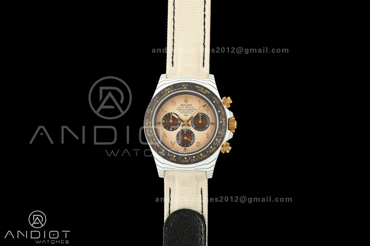 Daytona DIW White Carbon DIWF Best Edition Brown Arabic Dial Black Bezel on Cream Nylon Strap SH4130